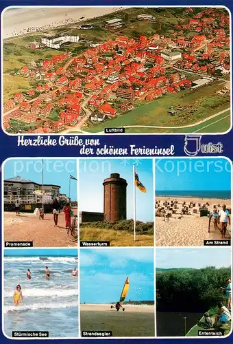 AK / Ansichtskarte Juist_Nordseebad Fliegeraufnahme Promenade Wasserturm Strand Strandsegler Ententeich Juist_Nordseebad