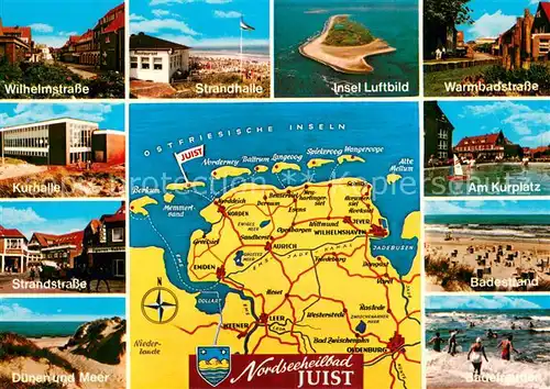 AK / Ansichtskarte Juist_Nordseebad Wilhelmstrasse Strandhalle Fliegeraufnahme Warmbadstrasse Kurhalle Duenen Kurplatz Badestrand Badespass Juist_Nordseebad