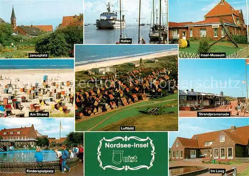 AK / Ansichtskarte Juist_Nordseebad Janusplatz Hafen Museum Strand Kinderspielteich Promenade Im Loog Juist_Nordseebad