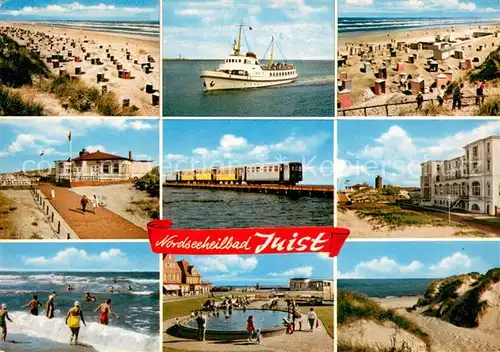 AK / Ansichtskarte Juist_Nordseebad Strand MS Frisia Strandstrasse Inselbahn Badespass Kinderspielteich Duenen Juist_Nordseebad