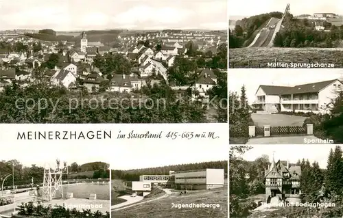 AK / Ansichtskarte Meinerzhagen Stadtpanorama Skisprungschanze Sportheim Schwimmbad Jugendherberge Jagdschloss Badinghagen Meinerzhagen