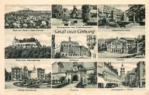 AK / Ansichtskarte Coburg Stadtpanorama mit Veste Rosengarten Brunnen Rathaus Theater Schloss Ehrenburg Spitalgasse Turm Coburg