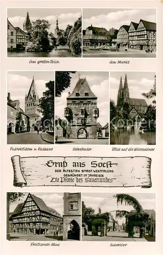 AK / Ansichtskarte Soest_DE_NRW Am grossen Teich Markt Dom Rathaus Osthofentor Wiesenkirche Freiligrath Haus Jakobitor 