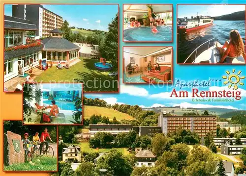 AK / Ansichtskarte Wurzbach Aparthotel Am Rennsteig Panorama Hallenbad Radfahren Bootspartie Wurzbach