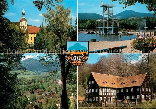 AK / Ansichtskarte Grossschoenau_Sachsen Ev Barockkirche Waldstrandbad Blick vom Hutberg Armenhaus Grossschoenau Sachsen