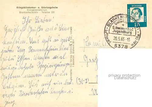 AK / Ansichtskarte Blankenheim_Ahr Kriegsblindenkur und Erholungsheim Speisesaal Aufenthaltsraum Hallenbad Blankenheim_Ahr