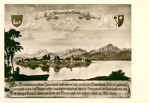AK / Ansichtskarte Frauenwoerth_Chiemsee Panorama Gemaelde Frauenwoerth Chiemsee