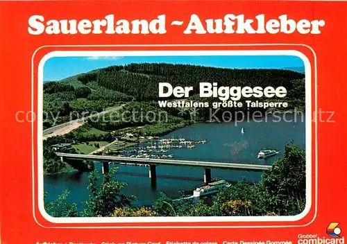 AK / Ansichtskarte Biggesee Westfalens groesste Talsperre Bruecke Sauerland Aufkleber Biggesee