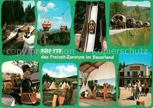 AK / Ansichtskarte Wasserfall_Bestwig Fort Fun Freizeit Zentrum Abenteuerland Rodelbahn Dampflokomotive Zeltplatz Planwagen Wasserfall_Bestwig