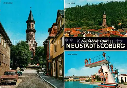 AK / Ansichtskarte Neustadt_Coburg Stadtkirche Muppberg Schwimmbad Sprungturm Neustadt_Coburg