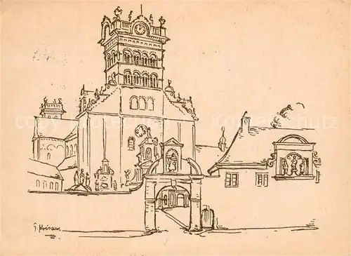 AK / Ansichtskarte Trier 800jaehriges Weihe Jubilaeum der St. Matthias Basilika Zeichnung Kuenstlerkarte Trier