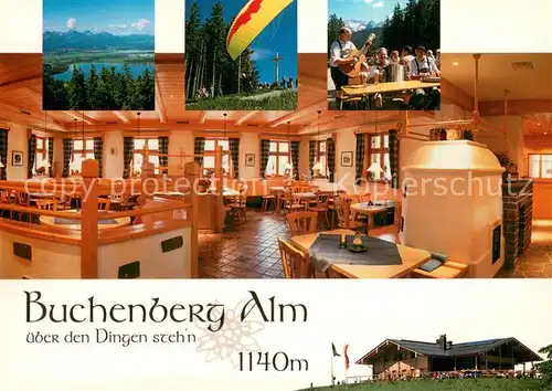 AK / Ansichtskarte Buching Buchenberg Alm Gastraum Panorama Gleitschirmfliegen Brotzeit Buching