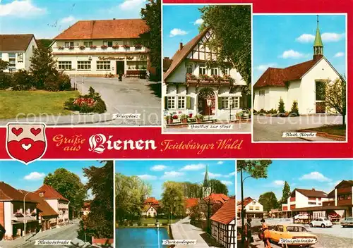 AK / Ansichtskarte Lienen_Westfalen Thieplatz Gasthof zur Post Kirche Hauptstrasse Parkanlagen Lienen_Westfalen