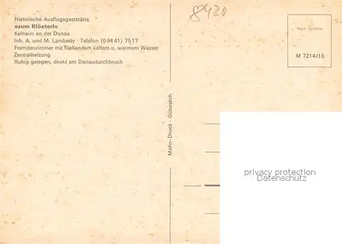 AK / Ansichtskarte Kelheim_Donau Ausflugsgaststaette Zum Kloesterle Gastraeume 