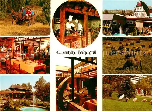 AK / Ansichtskarte Walsrode_Lueneburger_Heide Luisenhoehe Heidjergrill Forellenlokal Gaststube Brunnen Rinderherde Pferdekutsche Muehlrad Walsrode_Lueneburger_Heide