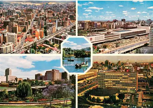 AK / Ansichtskarte Johannesburg_Gauteng Looking across Hillbrow New Station Boating on Zoo Lake Escom houses Braamfontein New Airways Building Johannesburg Gauteng