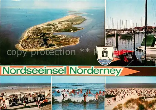 AK / Ansichtskarte Norderney_Nordseebad Nordseeinsel Luftbild Hafen Strand Touristenbahn Norderney_Nordseebad