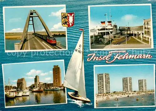 AK / Ansichtskarte Burg__Fehmarn Fehmarnsundbruecke Faehre Hafen Strand Hochhaeuser Segeln 