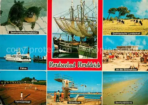 AK / Ansichtskarte Norddeich__Norden_Nordseebad Seehundaufzuchtstation Faehre Tennisanlage Ostfriesische Landschaft Strand Halle Seehundbank Strandbad Fischereihafen 