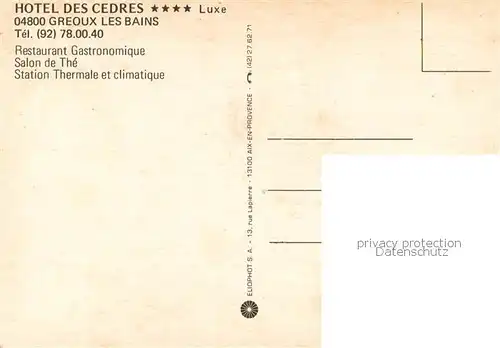 AK / Ansichtskarte Greoux les Bains_04 Hotel des Cedres Restaurant Gastronomique Salon de The Station Thermale et climatique 