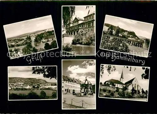 AK / Ansichtskarte Hammelburg Panorama Stadtmotive Marktbrunnen Kirche Blick zur Burg Saaleck Hammelburg