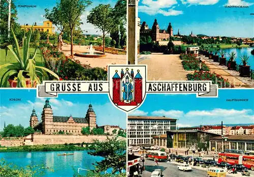 AK / Ansichtskarte Aschaffenburg_Main Pompejanum Stadtpanorama Uferpromenade Schloss Hauptbahnhof Wappen Aschaffenburg Main
