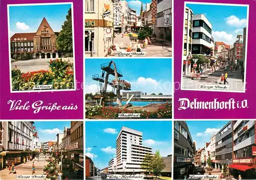 AK / Ansichtskarte Delmenhorst Rathaus Zentrum Lange Strasse Fussgaengerzone City Hochhaus Stadtbad Sprungturm Delmenhorst