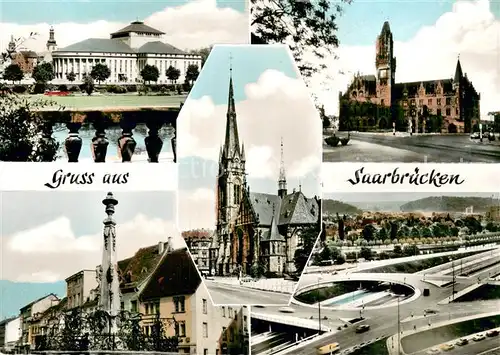 AK / Ansichtskarte Saarbruecken Staatstheater Rathaus Kirche Brunnen Autobahnkreuz Saarbruecken