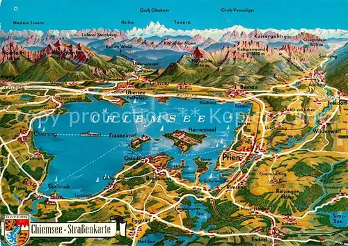 AK / Ansichtskarte Chiemsee und Umgebung Strassenkarte Alpenpanorama Reliefkarte Chiemsee