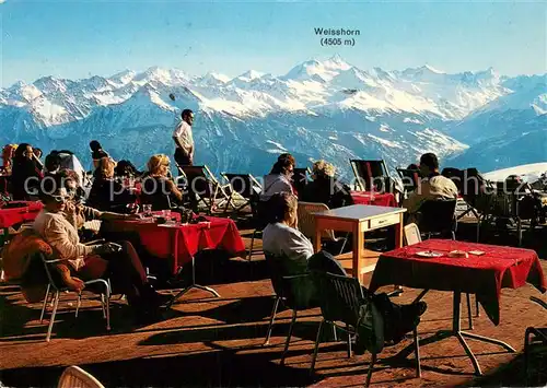 AK / Ansichtskarte Montana_Crans_VS Restaurant des Violettes Terrasse mit Weisshorn 