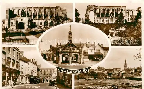 AK / Ansichtskarte Malmesbury_UK Abbey South Market Cross Abbey North High Street View from Darniels Well 