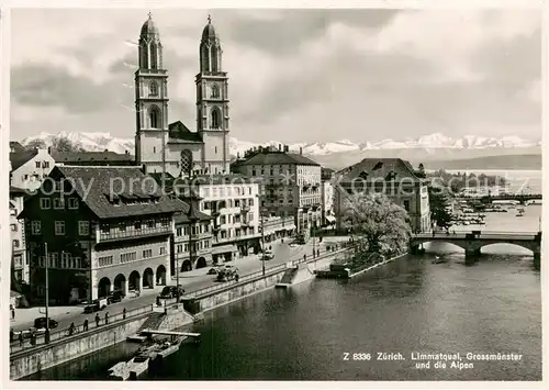 AK / Ansichtskarte Zuerich_ZH Limmatquai Grossmuenster und die Alpen Zuerich_ZH
