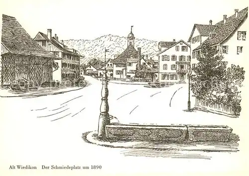 AK / Ansichtskarte Alt Wiedikon_Zuerich Der Schmiedeplatz um 1890 Zeichnung Kuenstlerkarte Alt Wiedikon Zuerich