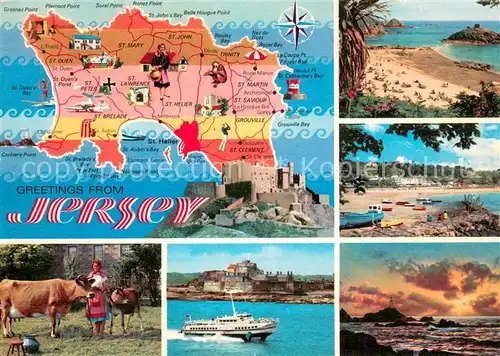 AK / Ansichtskarte Jersey_Kanalinsel Landkarte Kuestenpanorama Strand Viehzucht 