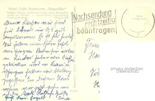 AK / Ansichtskarte Fuessen_Allgaeu Hotel Cafe Bergmueller Aussenansicht Fuessen Allgaeu