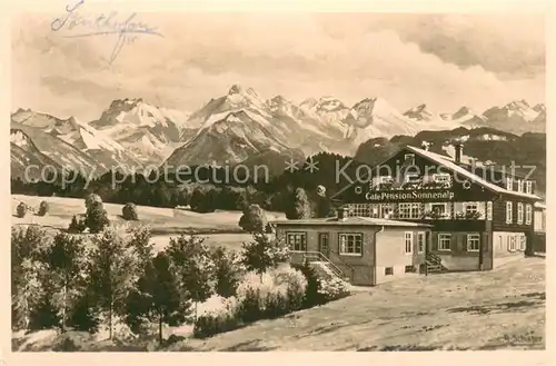 AK / Ansichtskarte Sonthofen_Oberallgaeu Moorbad Pension Sonnenalp Aussenansicht Kuenstlerkarte A. Schaefer Sonthofen Oberallgaeu