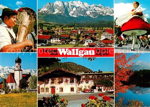 AK / Ansichtskarte Wallgau Volkstrachten Wettersteingebirge Kirche Hotel Alte Post Wallgau