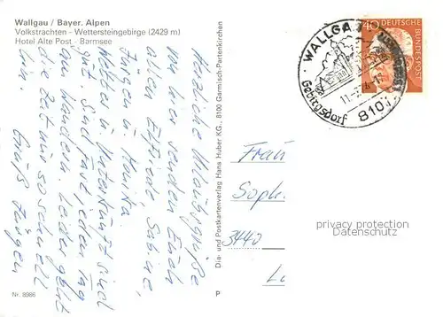 AK / Ansichtskarte Wallgau Volkstrachten Wettersteingebirge Kirche Hotel Alte Post Wallgau