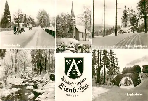 AK / Ansichtskarte Elend_Harz Bahnhofstrasse Schnarcherklippen Kirche Bodepartie Brockenbahn Elend_Harz