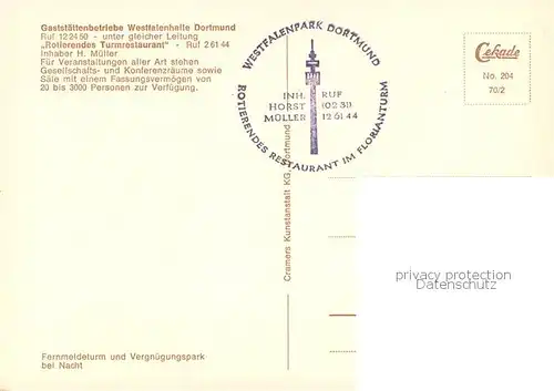 AK / Ansichtskarte Dortmund Gaststaettenbetriebe Westfalenhalle Dortmund Rotierendes Turmrestaurant Dortmund