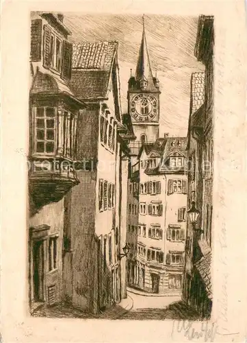 AK / Ansichtskarte Zuerich_ZH Pfalzgasse u. St. Peter Kuenstlerkarte Radierung Zuerich_ZH
