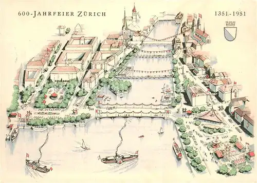 AK / Ansichtskarte Zuerich_ZH 600 Jahrfeier ZH Zeichnung Fluss u. See Zuerich_ZH