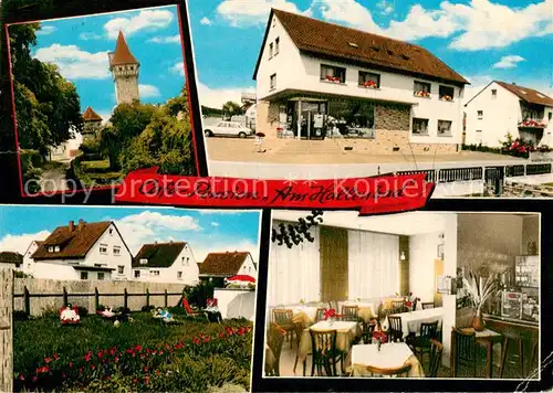 AK / Ansichtskarte Ostheim__Rhoen Cafe Pension Am Hallenbad Innen  u. Aussenansichten 