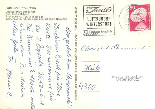 AK / Ansichtskarte Inzell Neuer Buchschloegl Hof Gaestehaus Pension Stadtpanorama Alpen Inzell