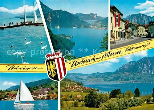 AK / Ansichtskarte Unterach_Attersee Panorama Attersee Marktplatz Segeln Ortsblick mit Hoellengebirge Unterach Attersee