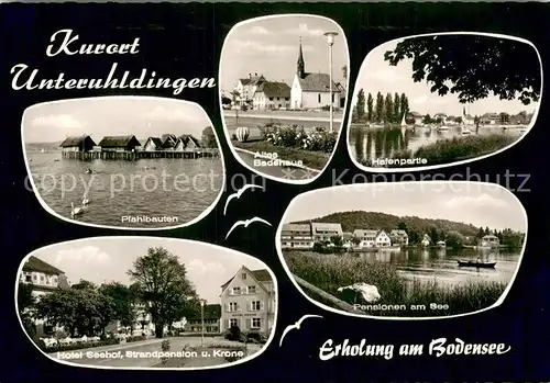 AK / Ansichtskarte Unteruhldingen_Bodensee Hafenpartie   Pfahlbauten   Hotel Seehof   Pensionen am See 