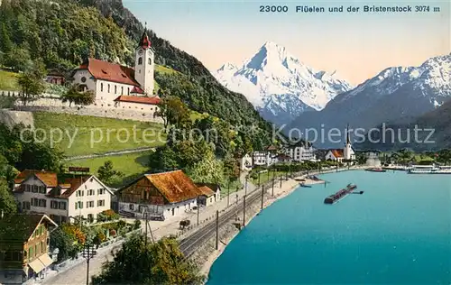 AK / Ansichtskarte Flueelen_Vierwaldstaettersee_UR mit Kirche und Bristenstock 