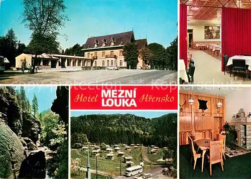 AK / Ansichtskarte Hrensko_Herrnskretschen_Boehmen_CZ Hotel Mezni louka Jidelna Partie z Tiche soutesky Chatovy tabor Klubovna 