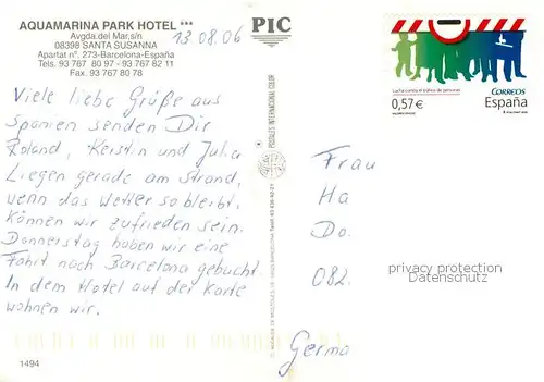 AK / Ansichtskarte Santa_Susanna_Cataluna_ES Aquamarina Park Hotel 