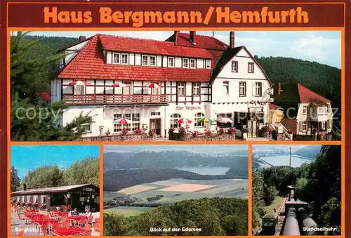 AK / Ansichtskarte Hemfurth Edersee Hotel Restaurant Haus Bergmann Blick auf den Edersee Standseilbahn Hemfurth Edersee